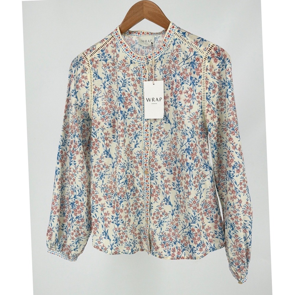 Wrap London Printed Cotton Blouse Womens 4 Pearl Sky Floral NWT